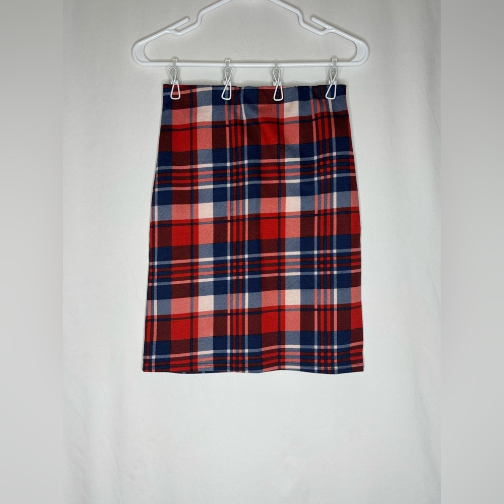 Tobi Red and Blue Plaid Pencil Skirt